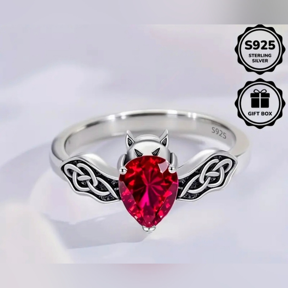 Sterling Silver Red Gemstone Bat Ring